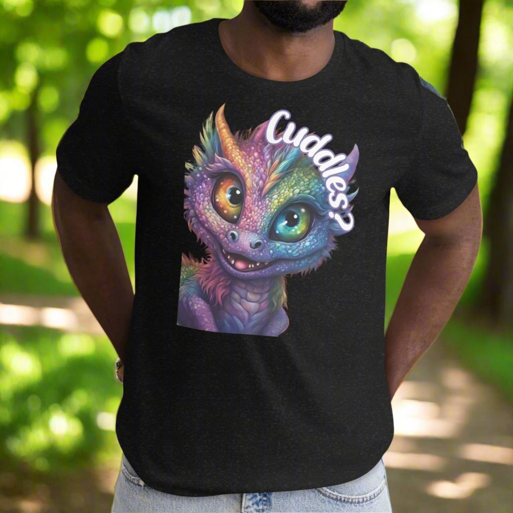 black heather Dragon Cuddles Front View Men's T-Shirt. Whimsical purple iridescent  dragon looking up at the word Cuddles? above his head