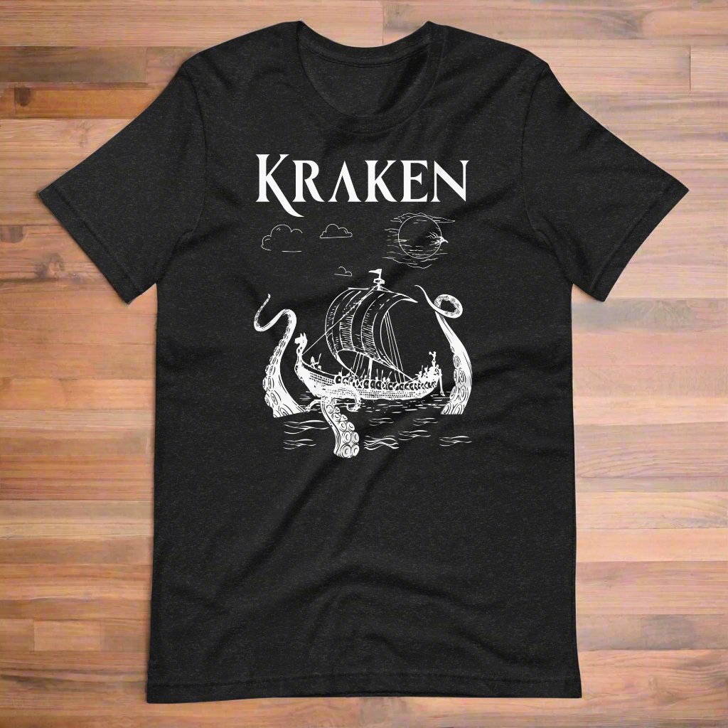 black heather Front View men's T-Shirt. Kraken, night sky, Viking long ship surrounded by tentacles in the ocean. Viking Shirt.