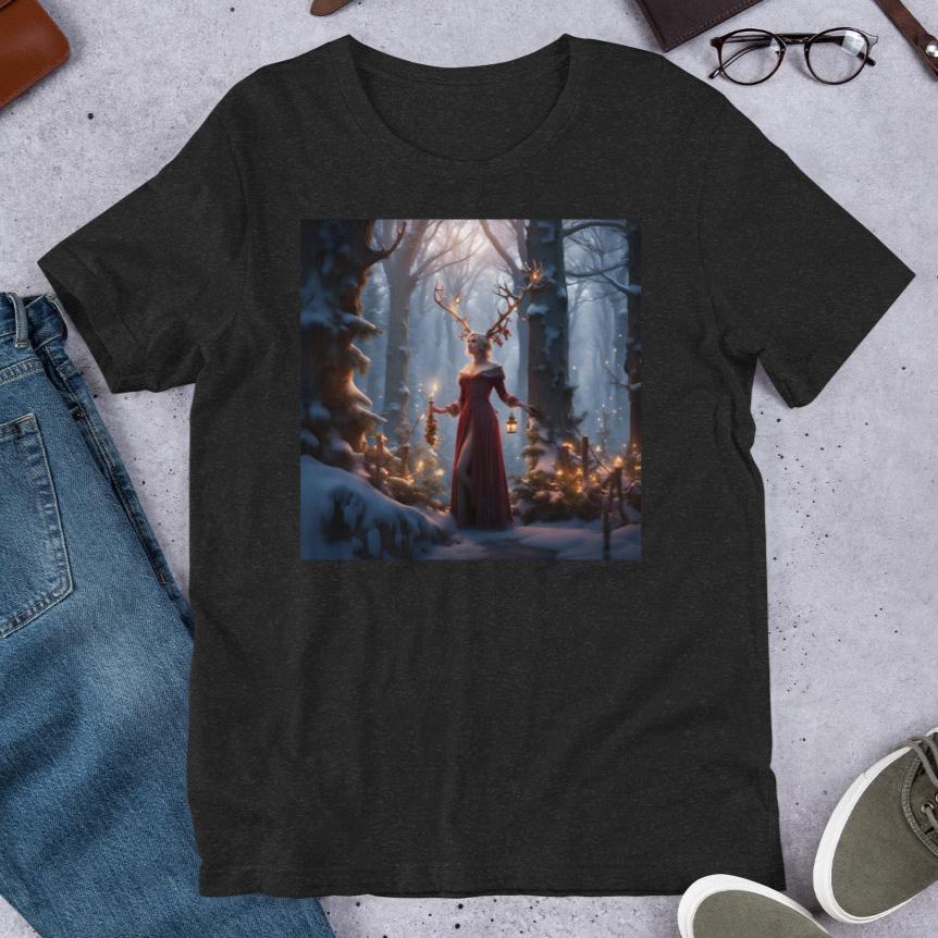 Men's T-Shirt Black Heather Front View. Winter Fey with antlers, long red velvet dress trimmed in fur, walking a snow covered path in a forest holding lanterns.