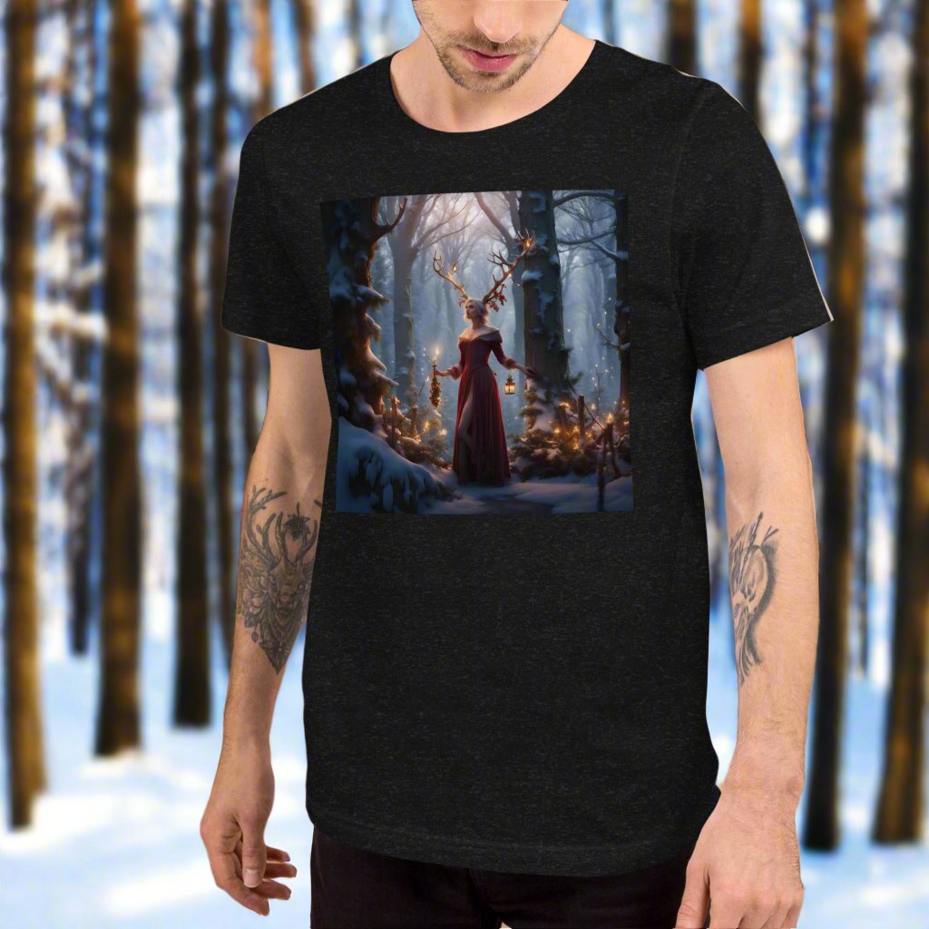 Men's T-Shirt Black Heather Front View. Winter Fey with antlers, long red velvet dress trimmed in fur, walking a snow covered path in a forest holding lanterns.