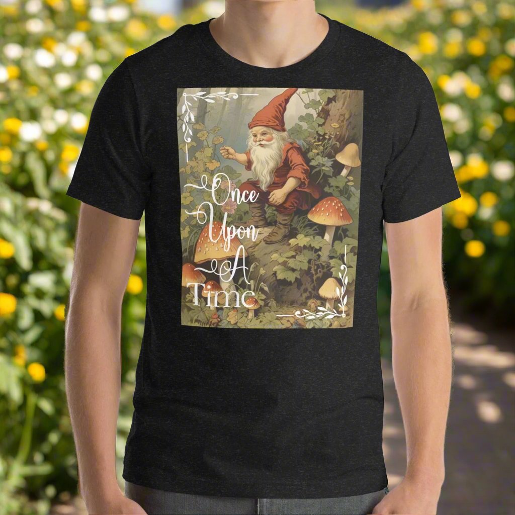 Once Upon A Time Mens Black T-shirt front view. Vintage Gnome Fairy Tale Shirt. Gnome Sitting in Forest holding a pipe surrounded by mushrooms. Once Upon A Time Text