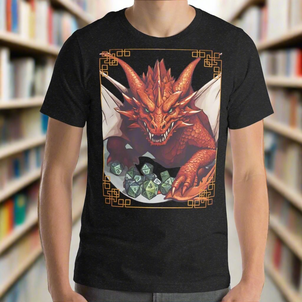 Front View Black Red Dragon DND Men's T-Shirt. Mens DND TShirt Dragon D20 Dice Graphic Tee.  Red Dragon bordered in red gold stalking towards over a pile of D20 dice.