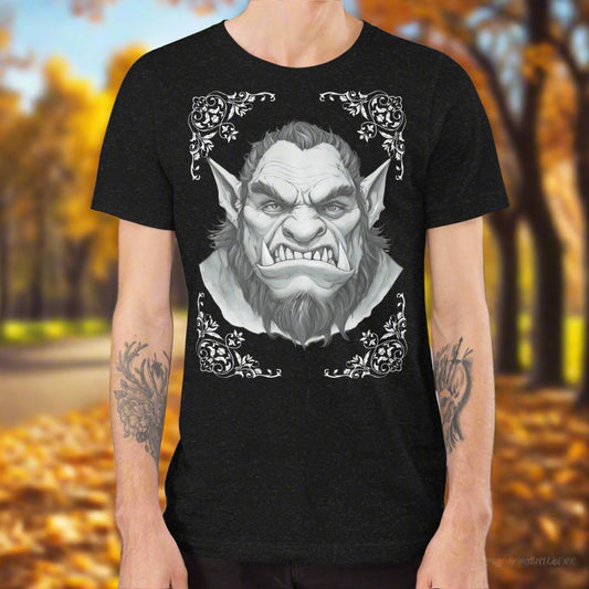 Men's blacj Orc T-Shirt Front View. Orc with tusks and pointed ears. Troll TShirt, Giant TShirt, Ogre Shirt