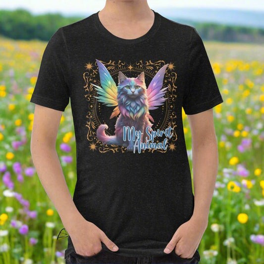 My Spirit Animal Fairy Cat men's Graphic T-Shirt. Front view black heather tee, Rainbow Fae Cat wings spread out. Gold frame of magic symbols surround the fae cat. My Spirit Animal under the fairy cat in blue, mythical accessories emporium