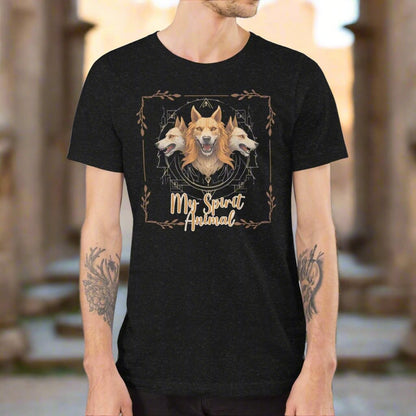 My Spirit Animal Cerberus men's Graphic Tee, front View black heather t shirt. A three headed guardian of the underworld in golden browns with jaws open to display canines. Below the hellhound is my spirit animal