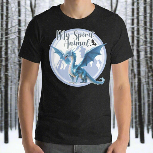 My Spirit Animal Dragon men's Graphic Tee, front view black heather shirt, Blue Ice Dragon with wings spread standing in front of snow capped mountain range with a dragon silhouette flying above within a blue grey circle