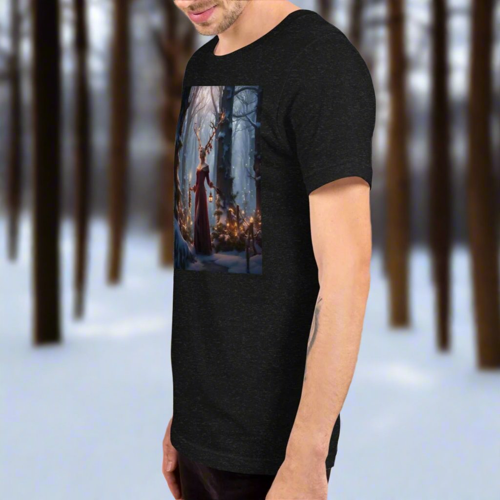 Men's T-Shirt Black Heather left side View. Winter Fey with antlers, long red velvet dress trimmed in fur, walking a snow covered path in a forest holding lanterns.