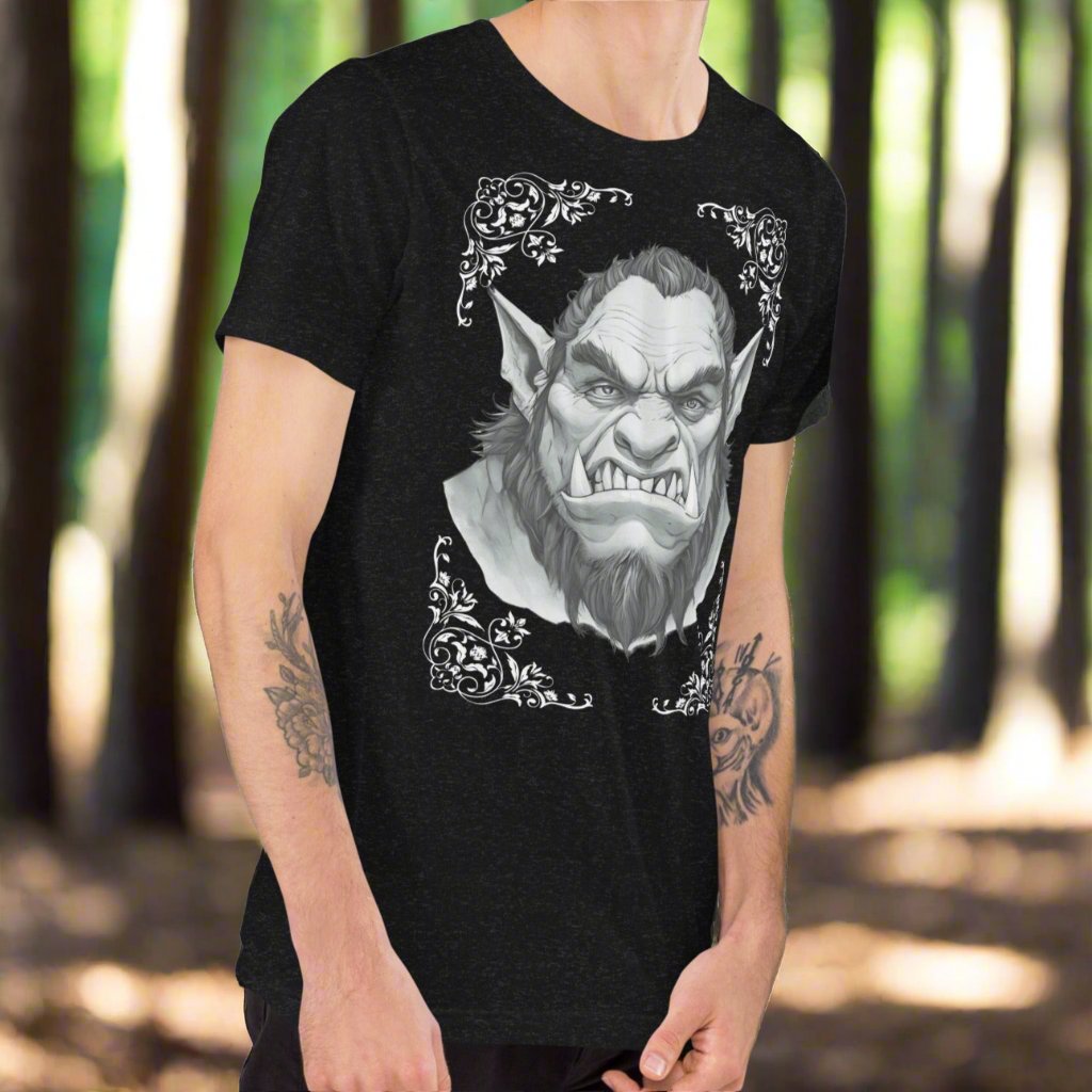 Men's black Orc T-Shirt Front right View. Orc with tusks and pointed ears. Troll TShirt, Giant TShirt, Ogre Shirt