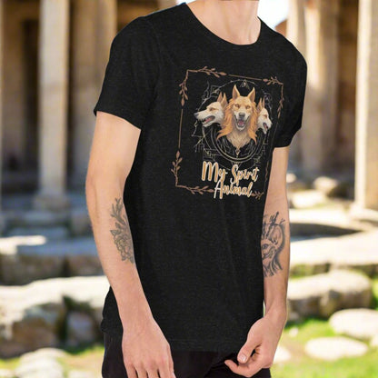 My Spirit Animal Cerberus men's Graphic Tee, right side View black heather t shirt. A three headed guardian of the underworld in golden browns with jaws open to display canines. Below the hellhound is my spirit animal