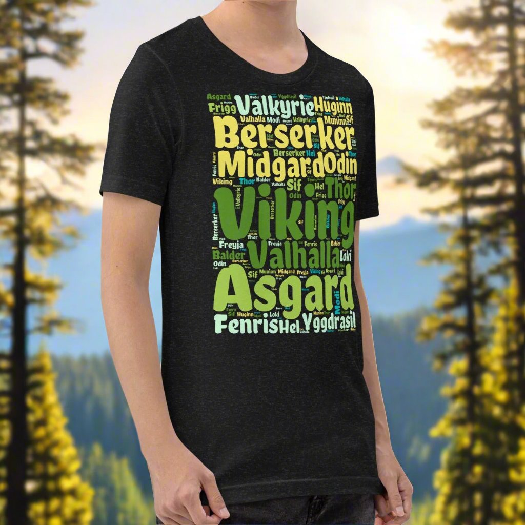 right Front View Black Heather Men's T-Shirt. Viking Word Art T-Shirt. Valkyrie, Berserker, Midgard, Odin, Huginn, Thor, VIking, Valhalla, Asgard, Fenrir, Yggdrasil, Loki, Sif, and more