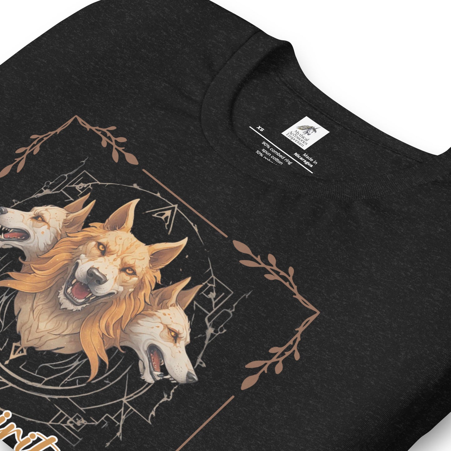 My Spirit Animal Cerberus men's Graphic Tee, folded on counter View black heather t shirt. A three headed guardian of the underworld in golden browns with jaws open to display canines. Below the hellhound is my spirit animal