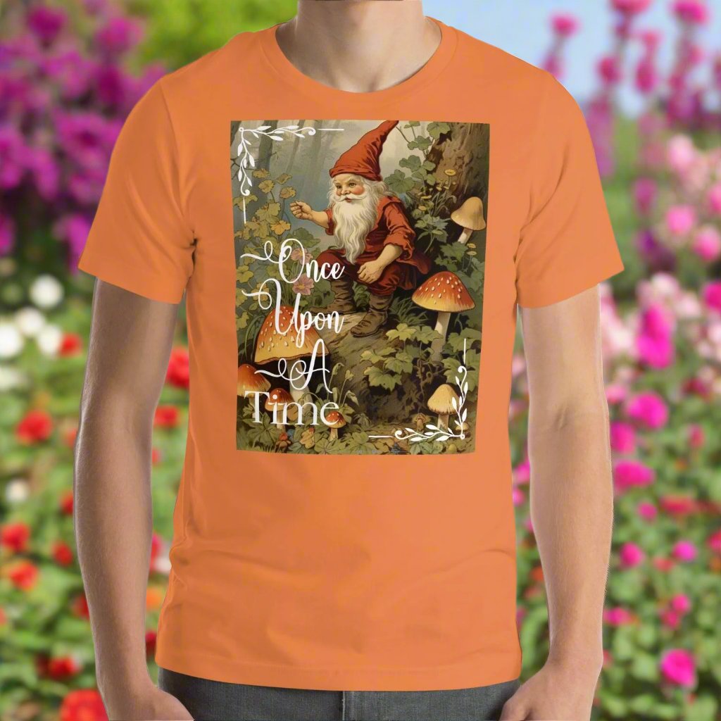 Once Upon A Time Mens Burnt Orange T-shirt front view. Vintage Gnome Fairy Tale Shirt. Gnome Sitting in Forest holding a pipe surrounded by mushrooms. Once Upon A Time Text