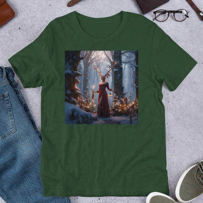 Men's T-Shirt forest Front View. Winter Fey with antlers, long red velvet dress trimmed in fur, walking a snow covered path in a forest holding lanterns.