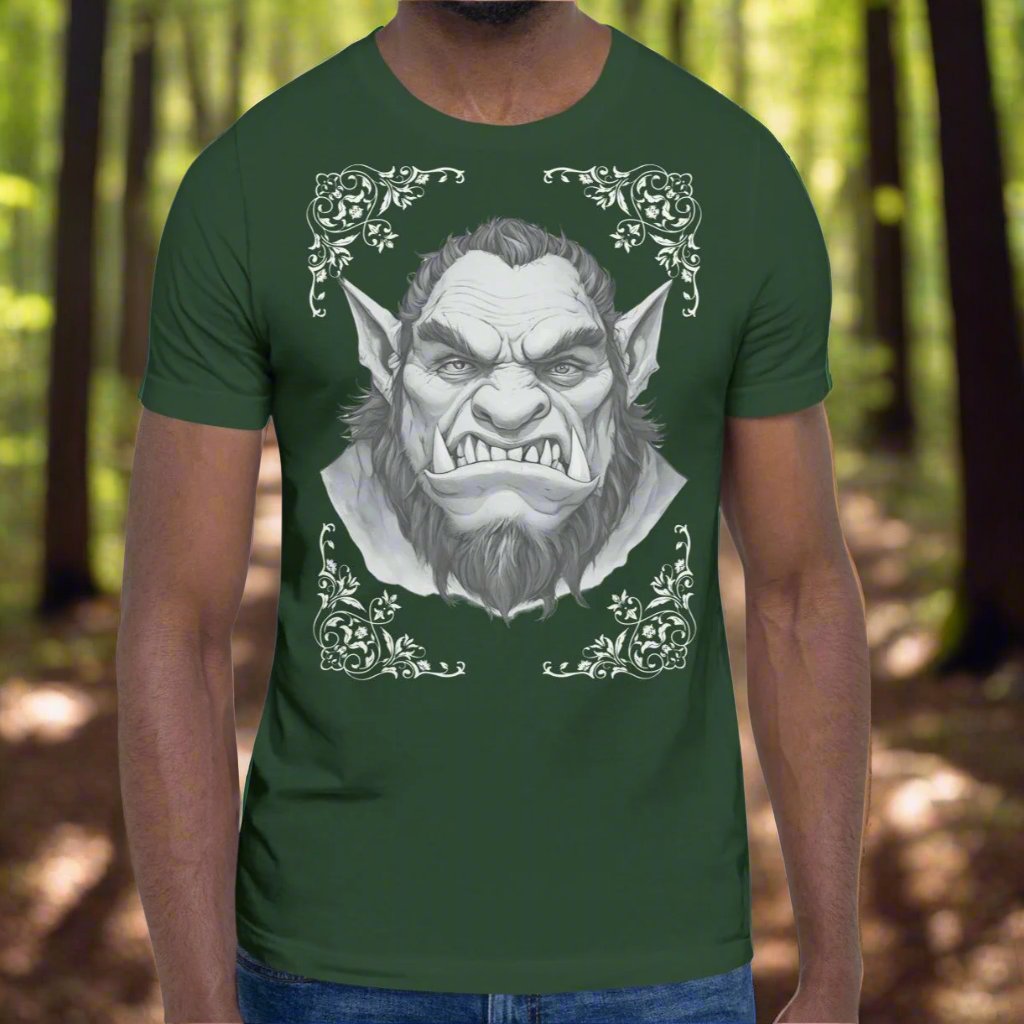 Men's forest (green) Orc T-Shirt Front View. Orc with tusks and pointed ears. Troll TShirt, Giant TShirt, Ogre Shirt