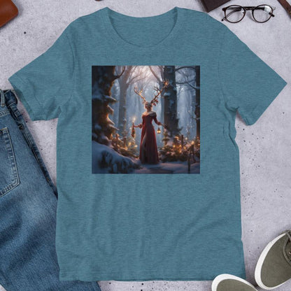 Men's T-Shirt heather deep teal Front View. Winter Fey with antlers, long red velvet dress trimmed in fur, walking a snow covered path in a forest holding lanterns.