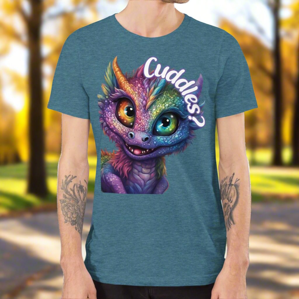 Heather Deep Teal Dragon Cuddles Front View Men's T-Shirt. Whimsical purple iridescent  dragon looking up at the word Cuddles? above his head