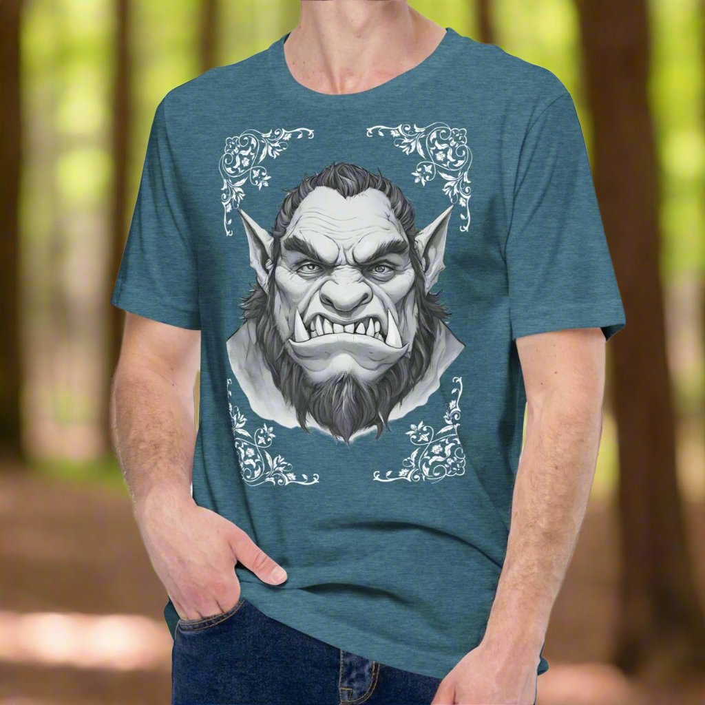 heather deep teal Orc T-Shirt Front View. Orc with tusks and pointed ears. Troll TShirt, Giant TShirt, Ogre Shirt