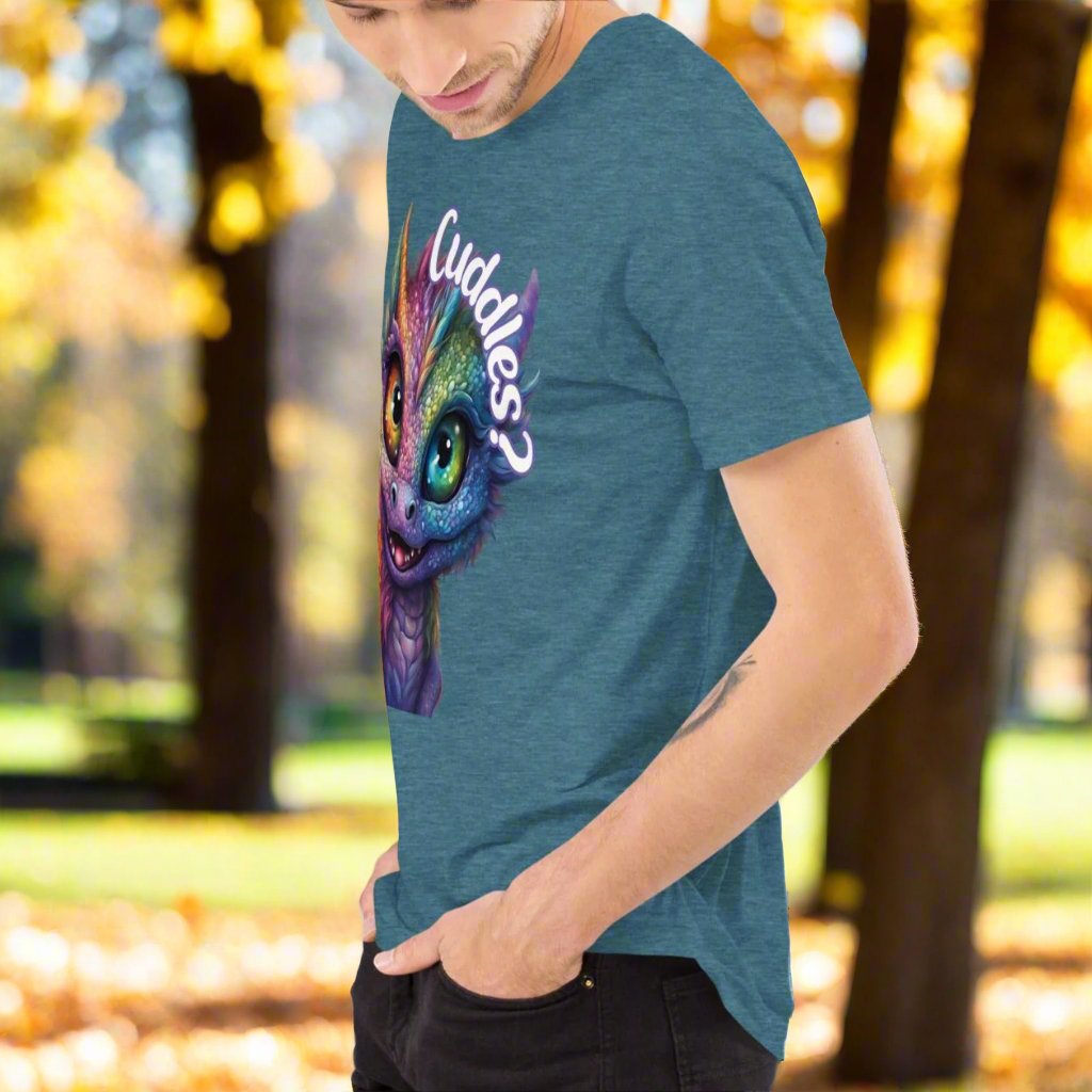 Heather Deep Teal Dragon Cuddles left side View Men's T-Shirt. Whimsical purple iridescent  dragon looking up at the word Cuddles? above his head