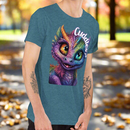 Heather Deep Teal Dragon Cuddles Front right View Men's T-Shirt. Whimsical purple iridescent  dragon looking up at the word Cuddles? above his head