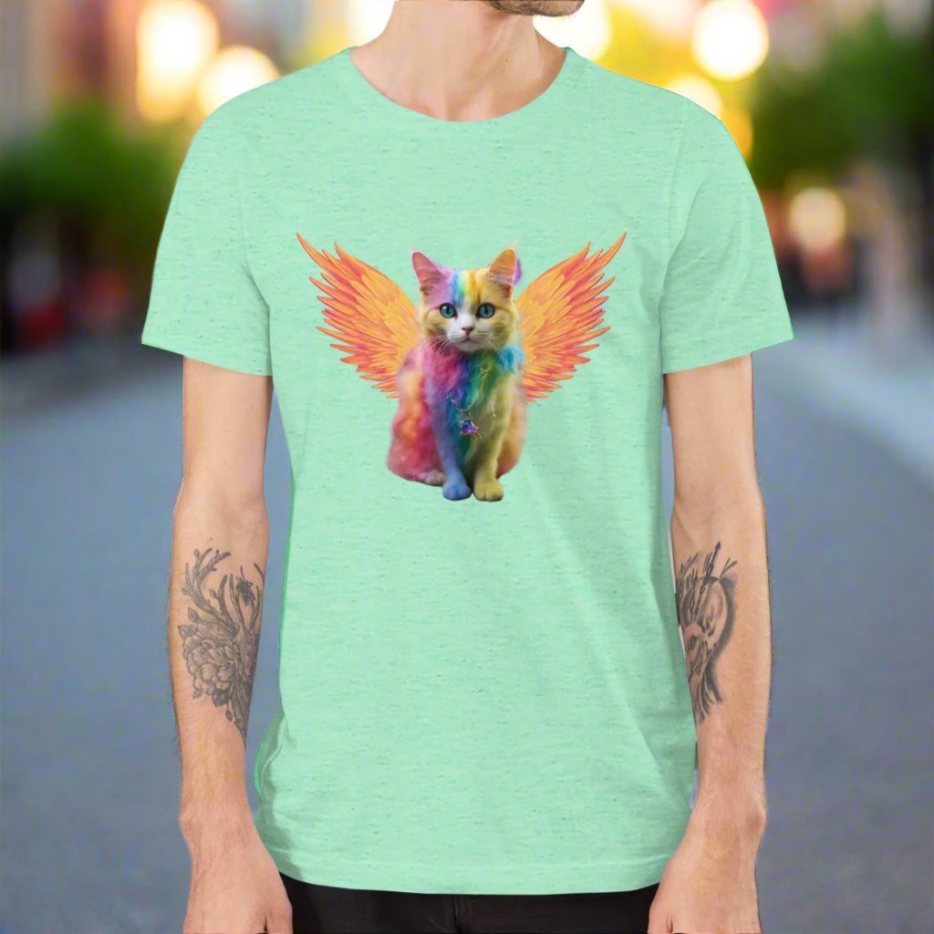 heather mint Front View Men's T-Shirt Rainbow Colored Tie Dye Cat with bright orange gold wings. Pop Art Cat, Fantasy Art, Fairycore Cat TShirt gifts for cat lover and cat dad shirt, whimsical fantasy magic rainbow fairy cat