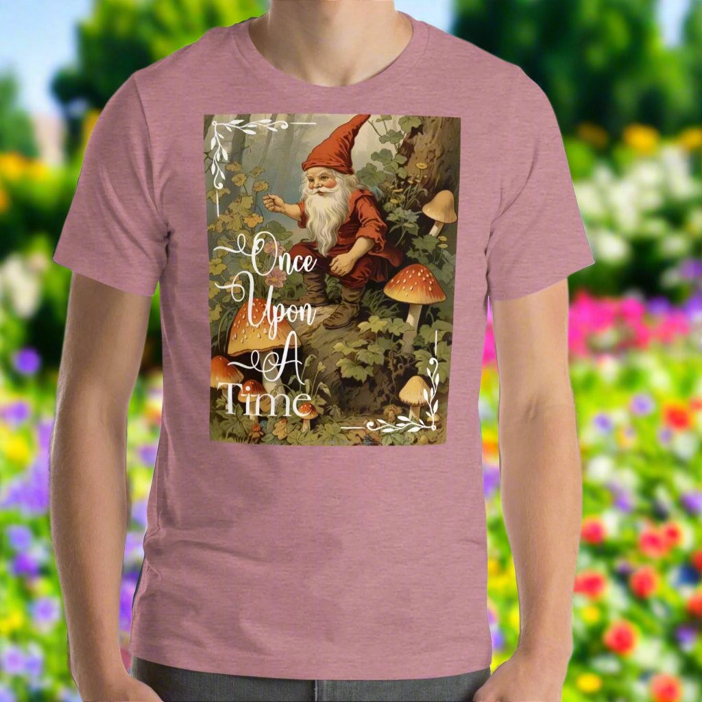 Once Upon A Time Mens heather orchi T-shirt front view. Vintage Gnome Fairy Tale Shirt. Gnome Sitting in Forest holding a pipe surrounded by mushrooms. Once Upon A Time Text