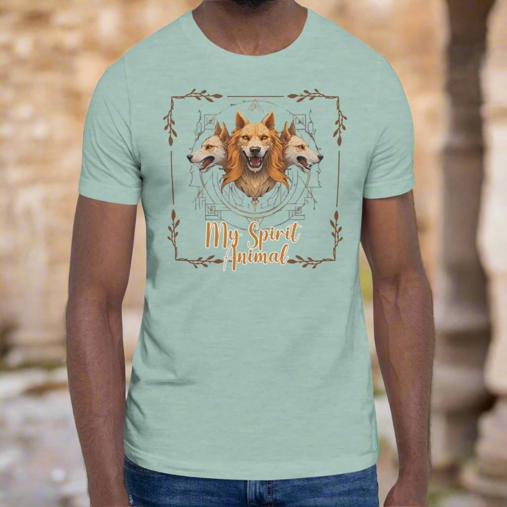 My Spirit Animal Cerberus men's Graphic Tee, front View heather prism dusty blue t shirt. A three headed guardian of the underworld in golden browns with jaws open to display canines. Below the hellhound is my spirit animal