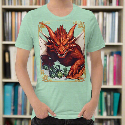 Front View heather prism mint, Red Dragon DND Men's T-Shirt. Mens DND TShirt Dragon D20 Dice Graphic Tee.  Red Dragon bordered in red gold stalking towards over a pile of D20 dice.