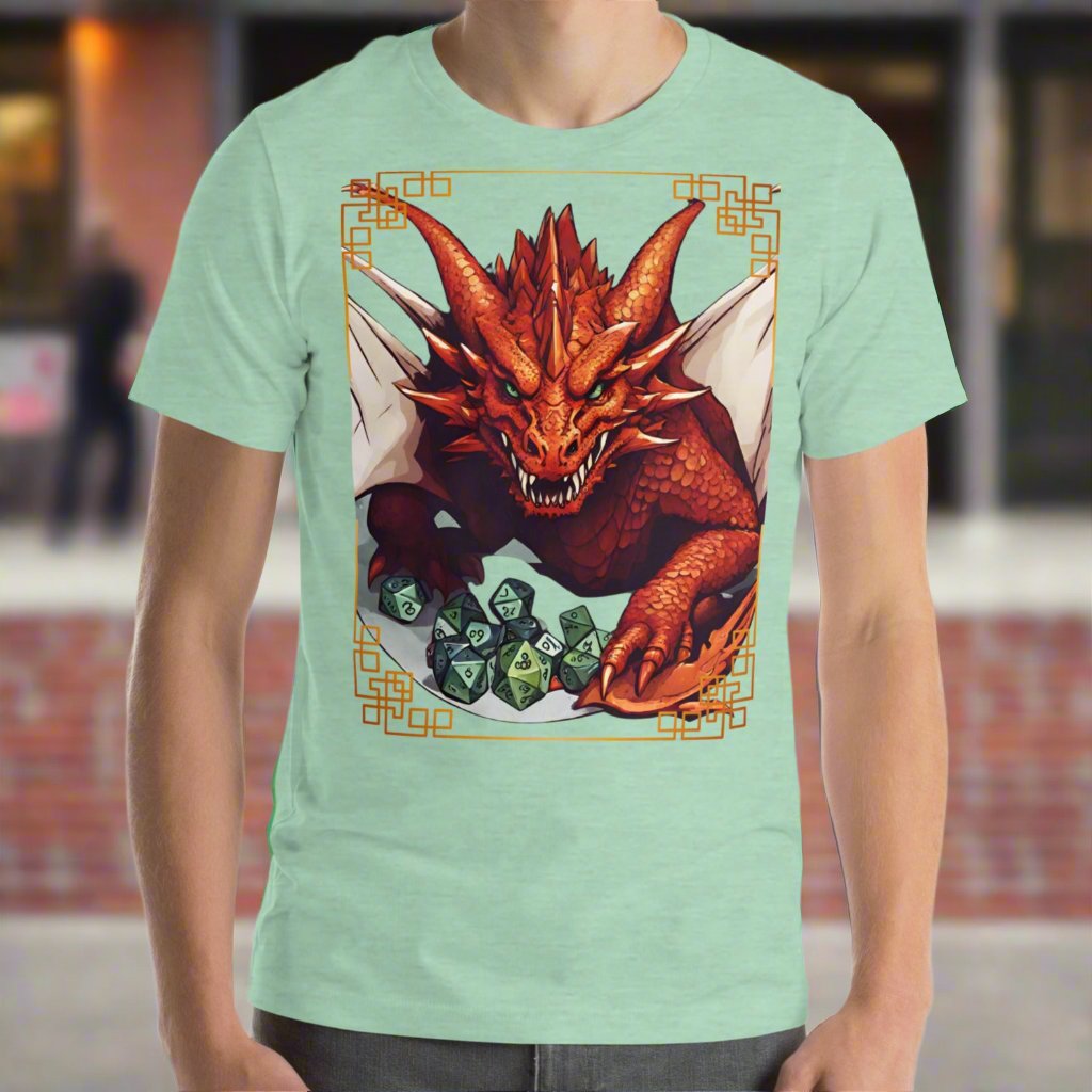 Front View of heather prism mint shirt Red Dragon DND Men's T-Shirt. Mens DND TShirt Dragon D20 Dice Graphic Tee.  Red Dragon bordered in red gold stalking towards over a pile of D20 dice.