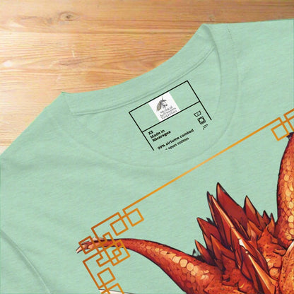 Front View up close of heather prism mint shirt Red Dragon DND Men's T-Shirt. Mens DND TShirt Dragon D20 Dice Graphic Tee.  Red Dragon bordered in red gold stalking towards over a pile of D20 dice.