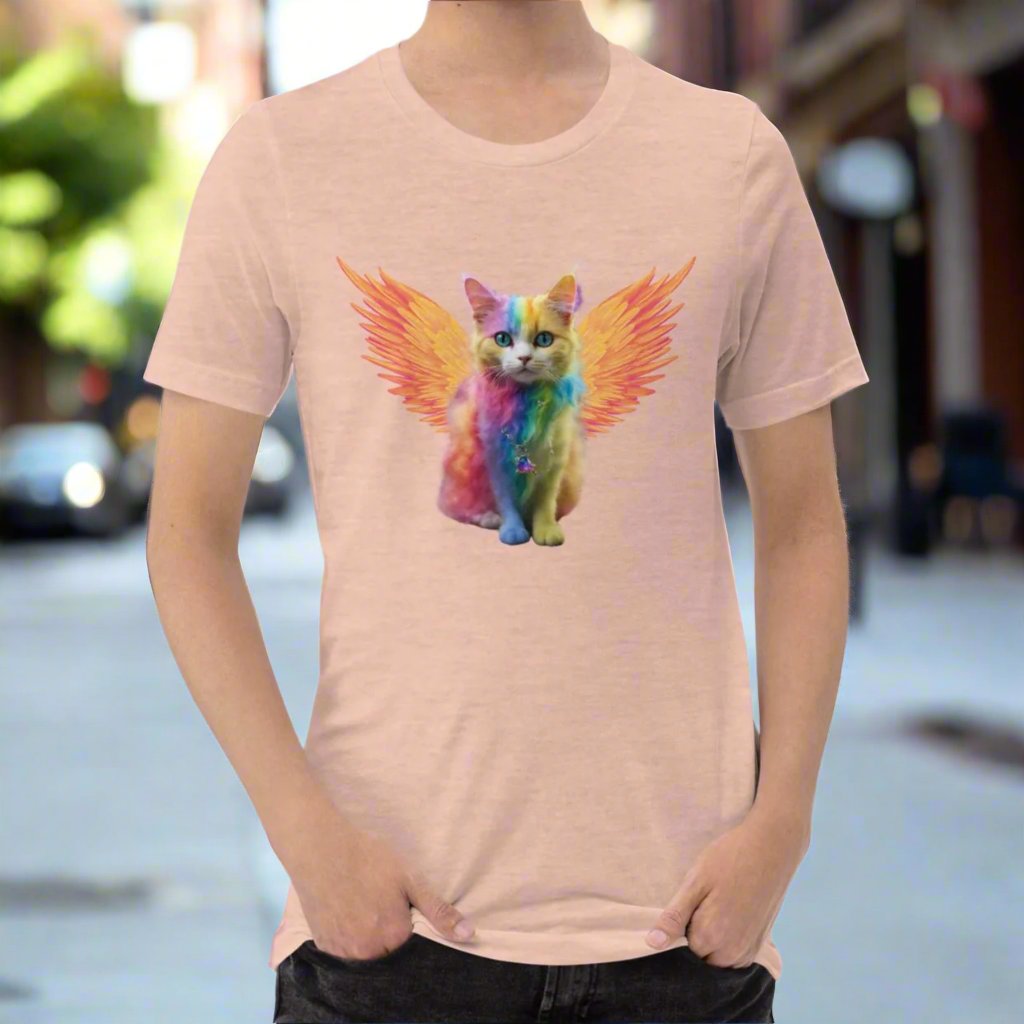 Heather Prism Peach Front View Men's T-Shirt Rainbow Colored Tie Dye Cat with bright orange gold wings. Pop Art Cat, Fantasy Art, Fairycore Cat TShirt gifts for cat lover and cat dad shirt, whimsical fantasy magic rainbow fairy cat