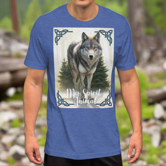 Wolf My Spirit Animal men's T-Shirt. Front view in heather true royal. A grey wolf gazes at you from the forest bordered in Celtic knots. Timber Wolf Graphic Tee Shamanic Totem Animal, Mythical Accessories Emporium.