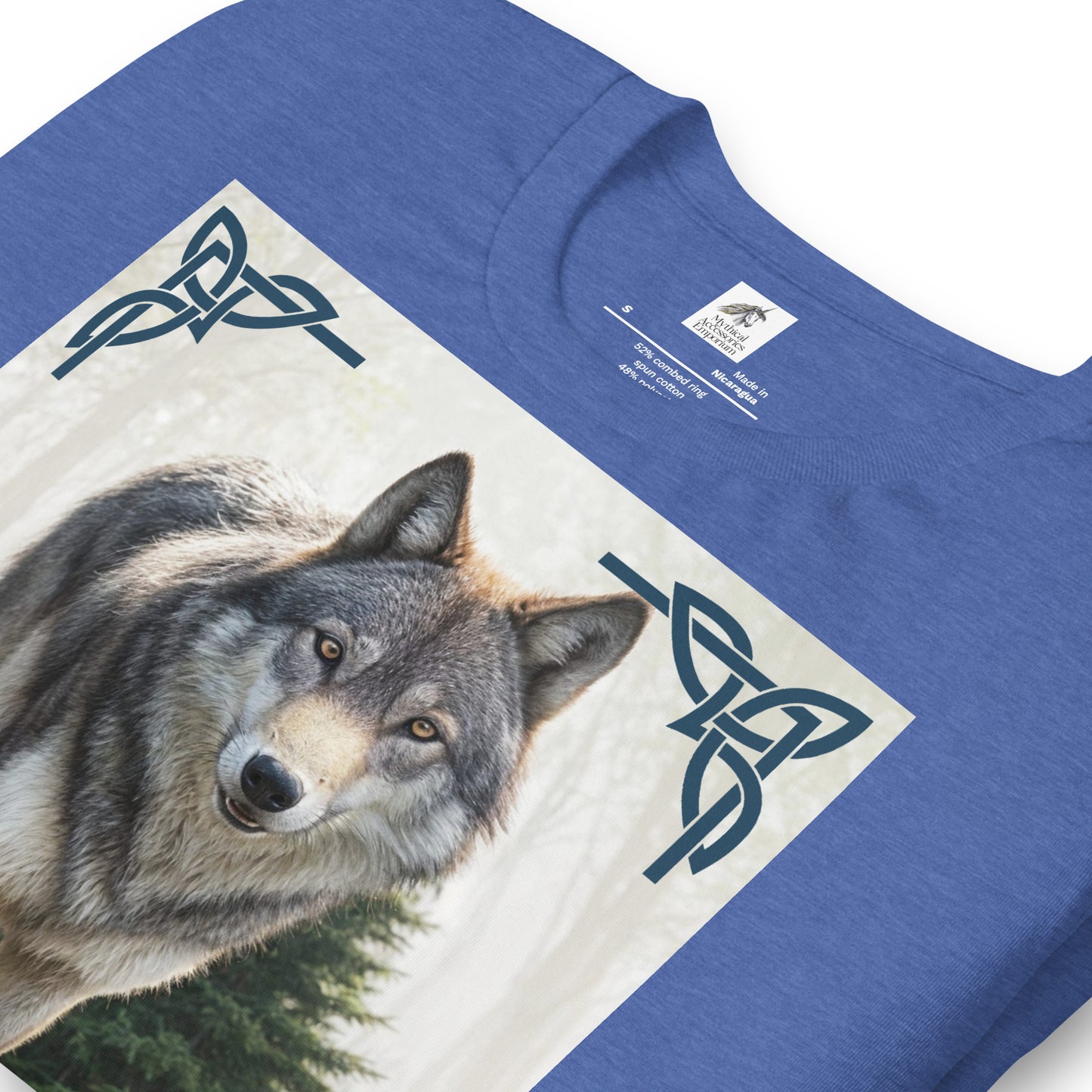 Wolf My Spirit Animal men's T-Shirt. Flat front view in heather true royal. A grey wolf gazes at you from the forest bordered in Celtic knots. Timber Wolf Graphic Tee Shamanic Totem Animal, Mythical Accessories Emporium.