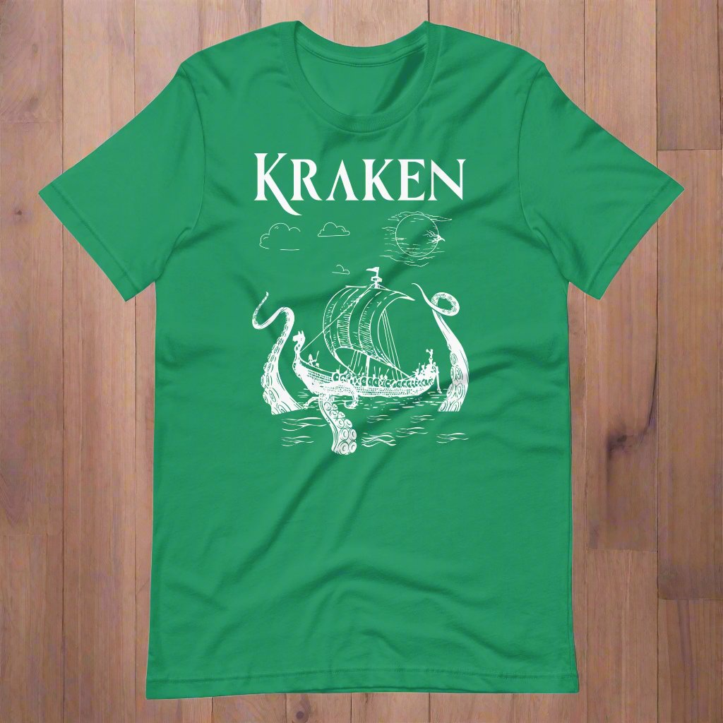 kelly Front View men's T-Shirt. Kraken, night sky, Viking long ship surrounded by tentacles in the ocean. Viking Shirt.