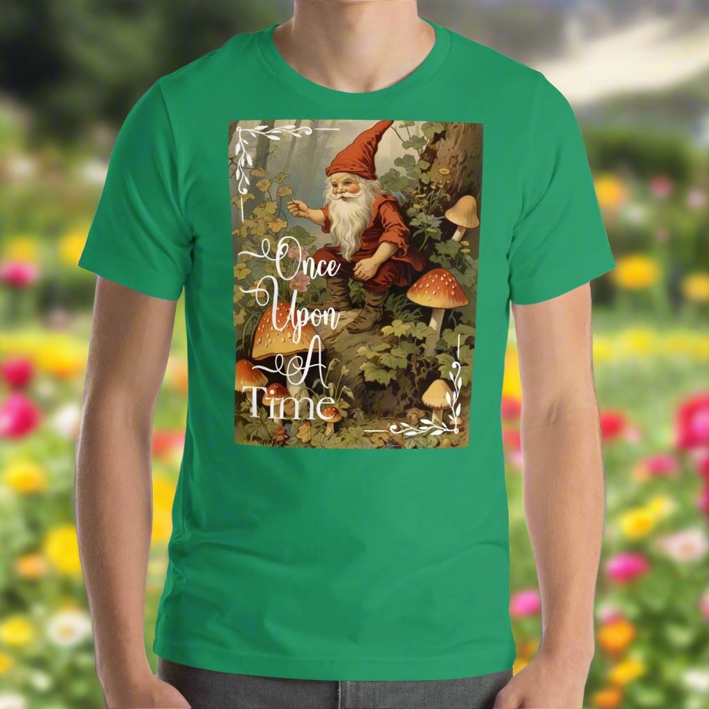 Once Upon A Time Mens Kelly Green T-shirt front view. Vintage Gnome Fairy Tale Shirt. Gnome Sitting in Forest holding a pipe surrounded by mushrooms. Once Upon A Time Text