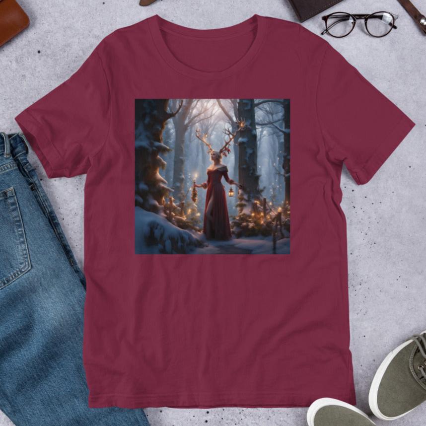 Men's T-Shirt Maroon Front View. Winter Fey with antlers, long red velvet dress trimmed in fur, walking a snow covered path in a forest holding lanterns.