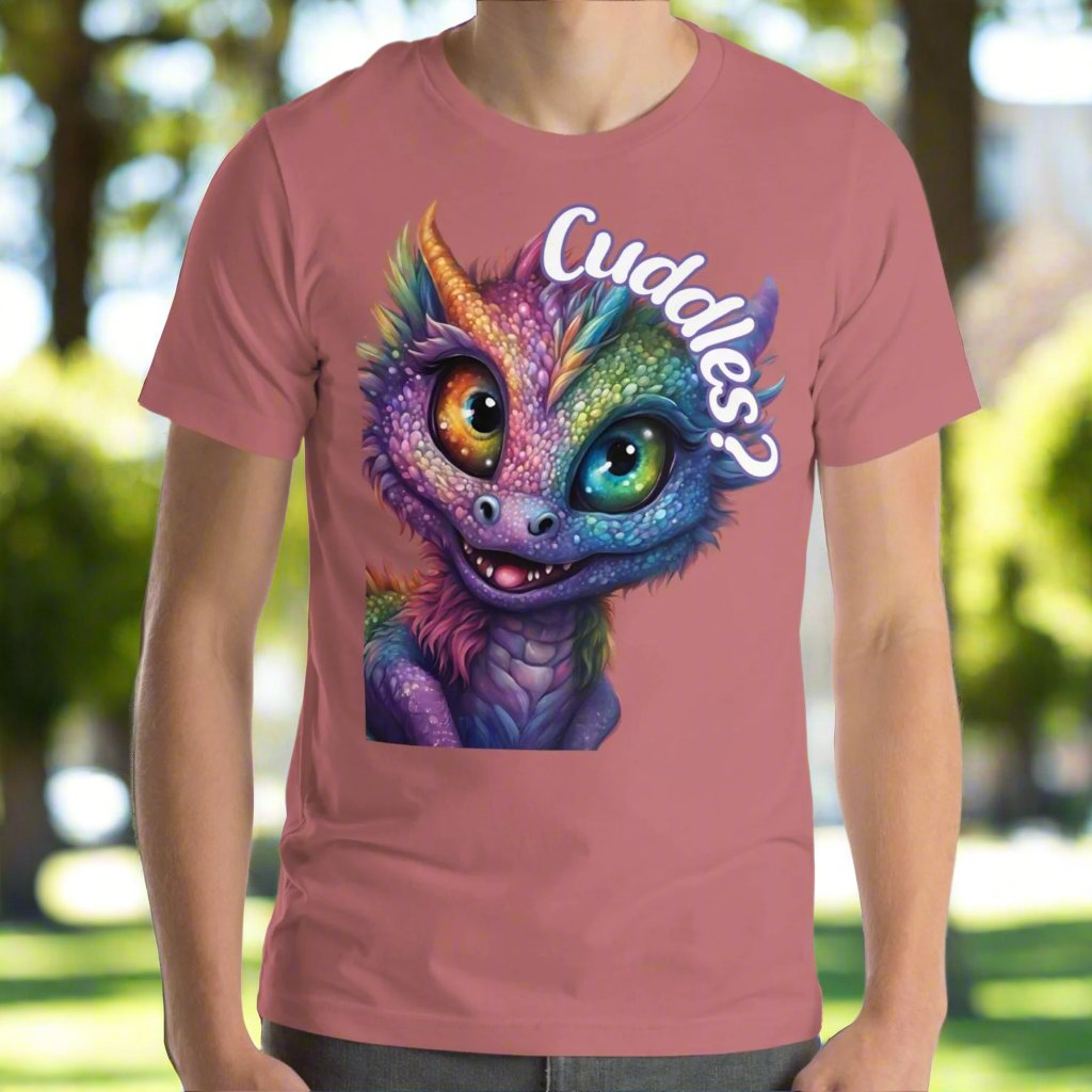 mauve Dragon Cuddles Front View Men's T-Shirt. Whimsical purple iridescent  dragon looking up at the word Cuddles? above his head