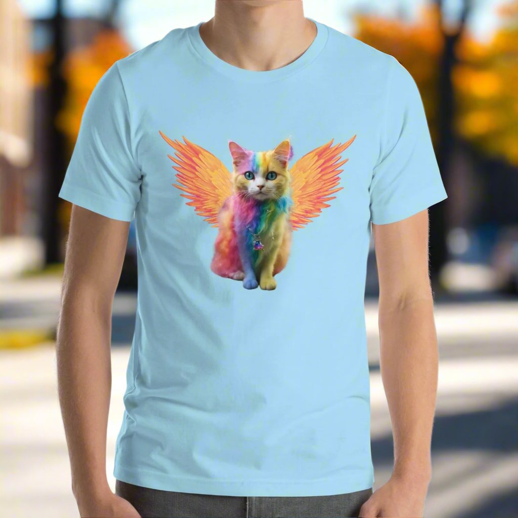 Ocean Blue Front View Men's T-Shirt Rainbow Colored Tie Dye Cat with bright orange gold wings. Pop Art Cat, Fantasy Art, Fairycore Cat TShirt gifts for cat lover and cat dad shirt, whimsical fantasy magic rainbow fairy cat