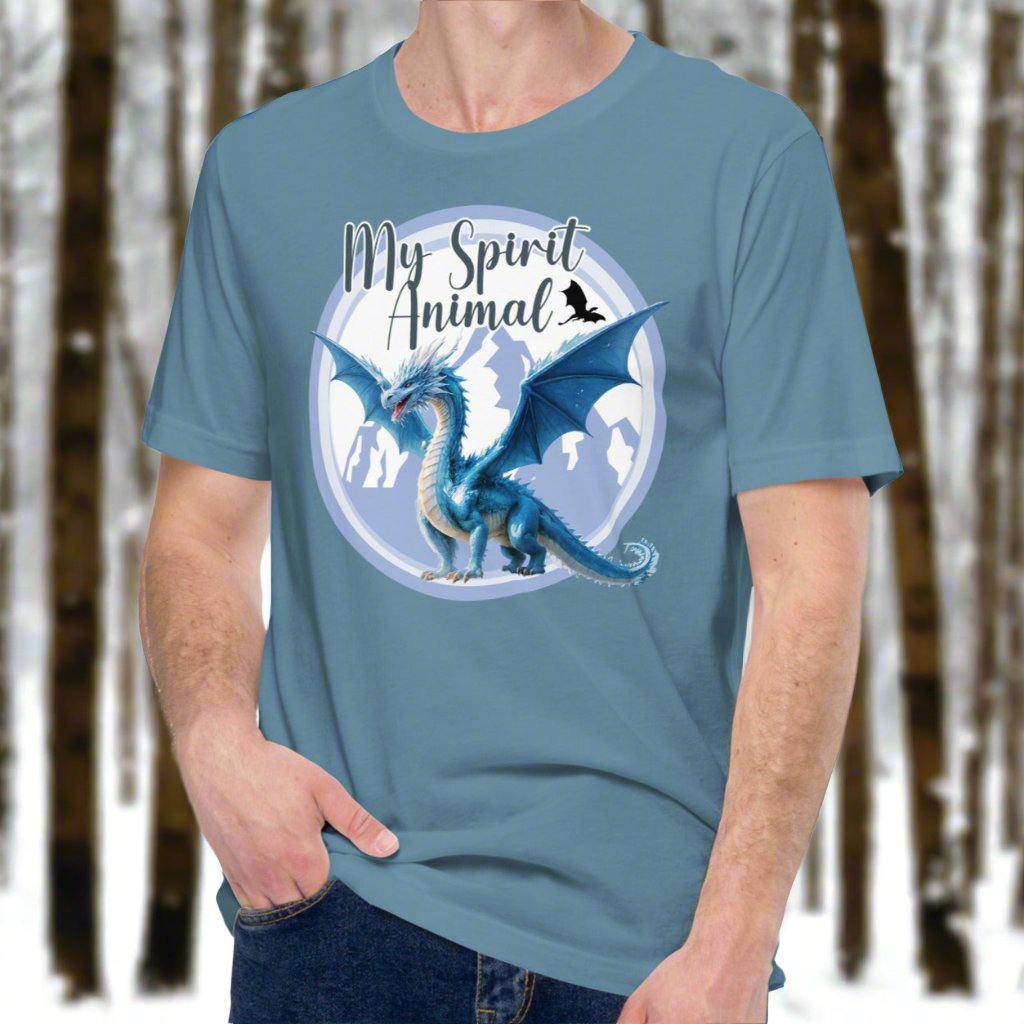 My Spirit Animal Dragon men's Graphic Tee, front view steel blue shirt, Blue Ice Dragon with wings spread standing in front of snow capped mountain range with a dragon silhouette flying above within a blue grey circle