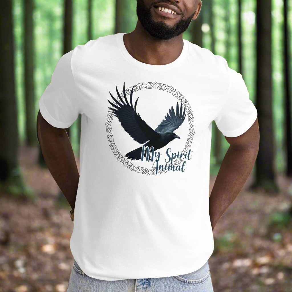 My Spirit Animal Raven Crow Men's Graphic T-Shirt, Front View white Tee, Raven wings spread in a Celtic Knot circle above My Spirit Animal, Mythical Accessories Emporium