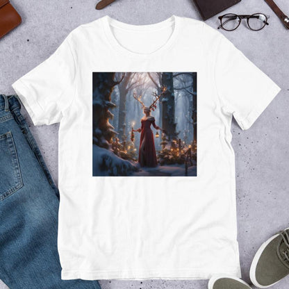 Men's T-Shirt white Front View. Winter Fey with antlers, long red velvet dress trimmed in fur, walking a snow covered path in a forest holding lanterns.