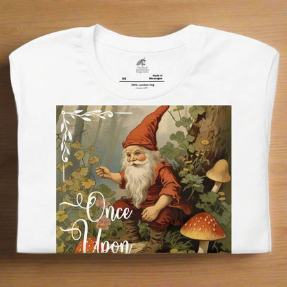 Once Upon A Time Mens white T-shirt folded flat view. Vintage Gnome Fairy Tale Shirt. Gnome Sitting in Forest holding a pipe surrounded by mushrooms. Once Upon A Time Text