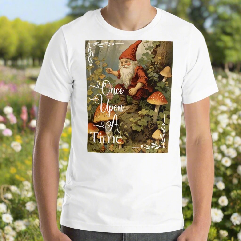 Once Upon A Time Mens white T-shirt front view. Vintage Gnome Fairy Tale Shirt. Gnome Sitting in Forest holding a pipe surrounded by mushrooms. Once Upon A Time Text