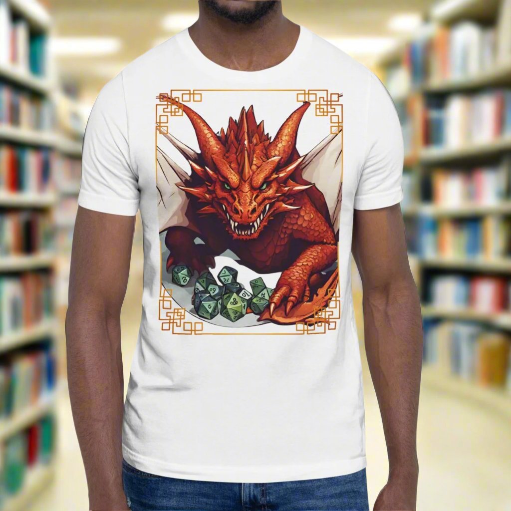 Front View white, Red Dragon DND Men's T-Shirt. Mens DND TShirt Dragon D20 Dice Graphic Tee.  Red Dragon bordered in red gold stalking towards over a pile of D20 dice.