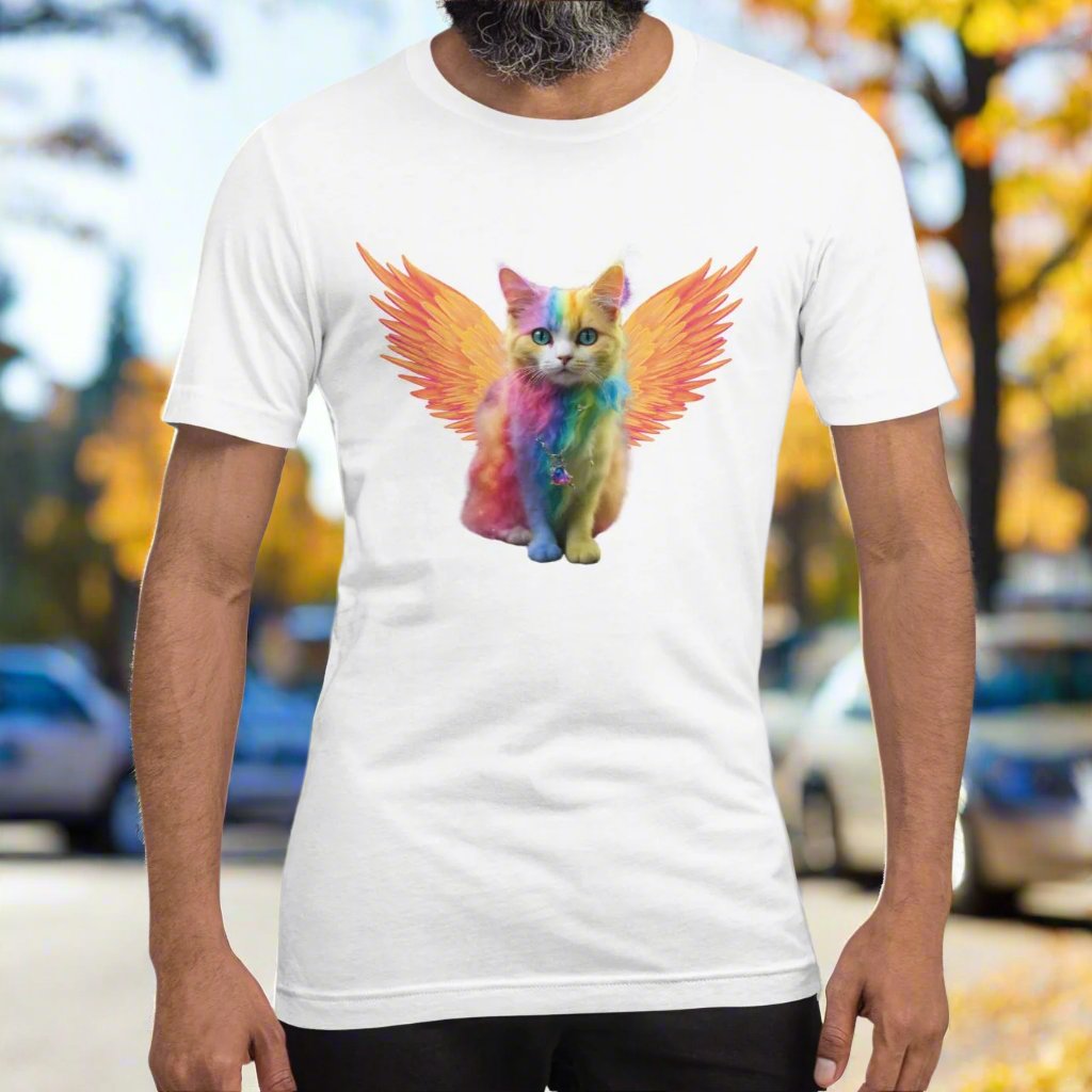 White Front View Men's T-Shirt Rainbow Colored Tie Dye Cat with bright orange gold wings. Pop Art Cat, Fantasy Art, Fairycore Cat TShirt gifts for cat lover and cat dad shirt, whimsical fantasy magic rainbow fairy cat