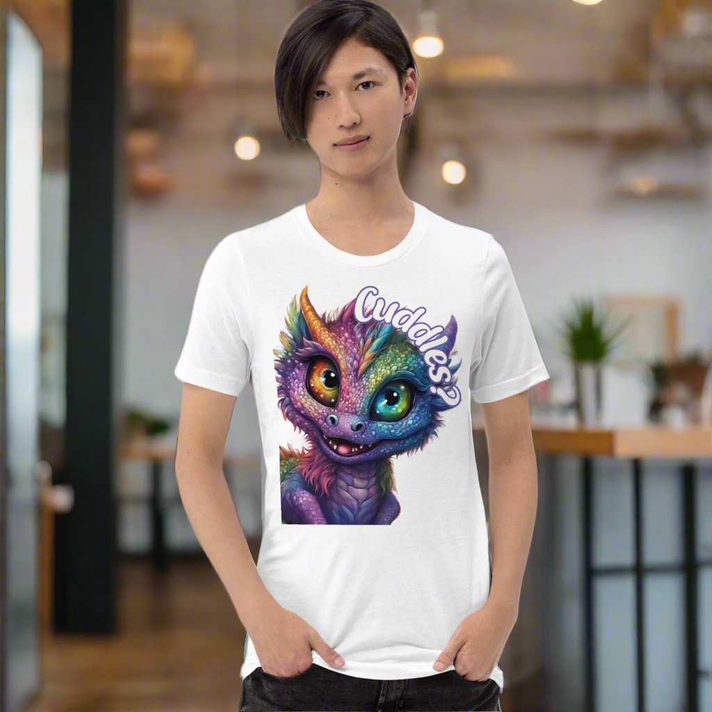 white Dragon Cuddles Front View Men's T-Shirt. Whimsical purple iridescent  dragon looking up at the word Cuddles? above his head