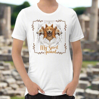 My Spirit Animal Cerberus men's Graphic Tee, front View white t shirt. A three headed guardian of the underworld in golden browns with jaws open to display canines. Below the hellhound is my spirit animal