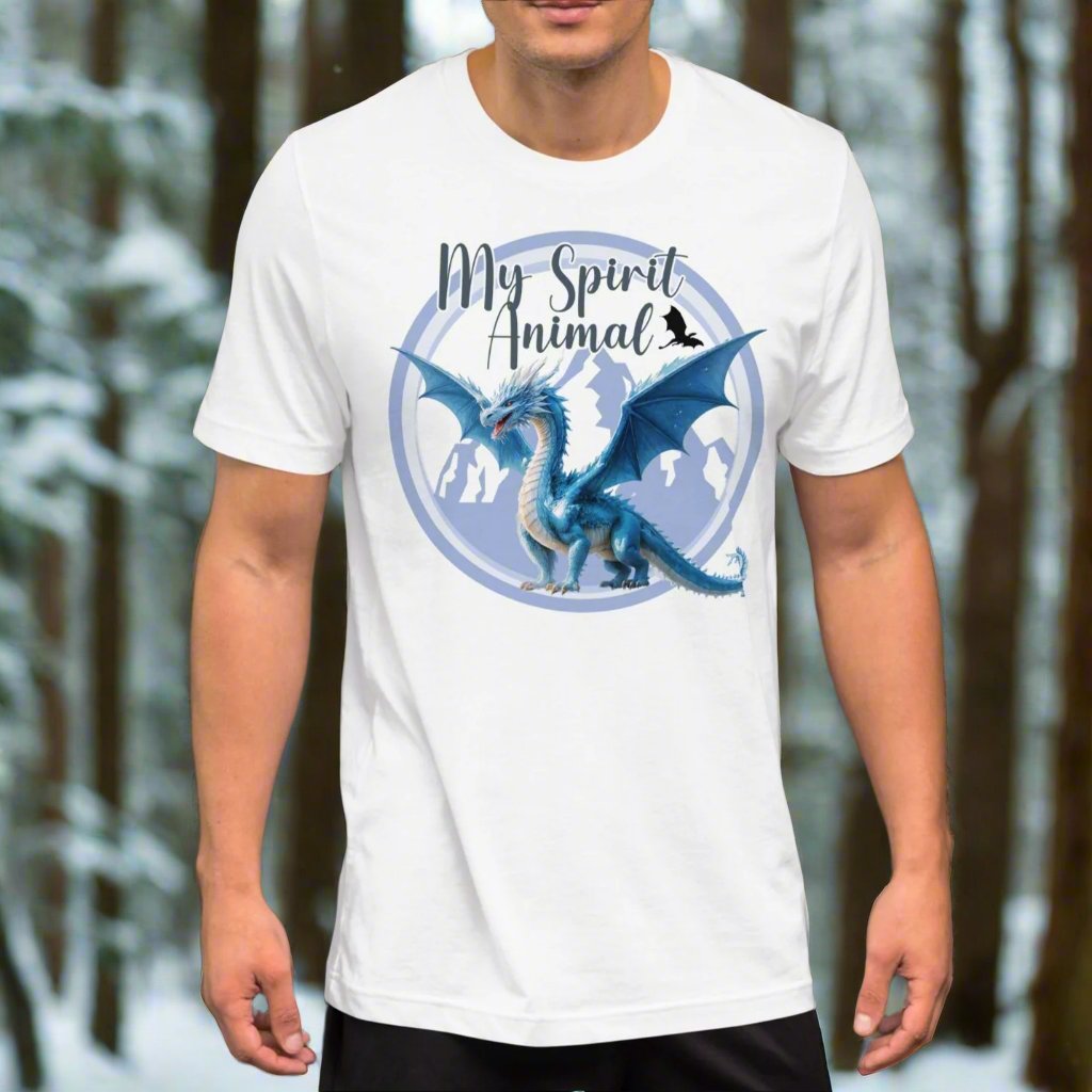 My Spirit Animal Dragon men's Graphic Tee, front view white shirt, Blue Ice Dragon with wings spread standing in front of snow capped mountain range with a dragon silhouette flying above within a blue grey circle