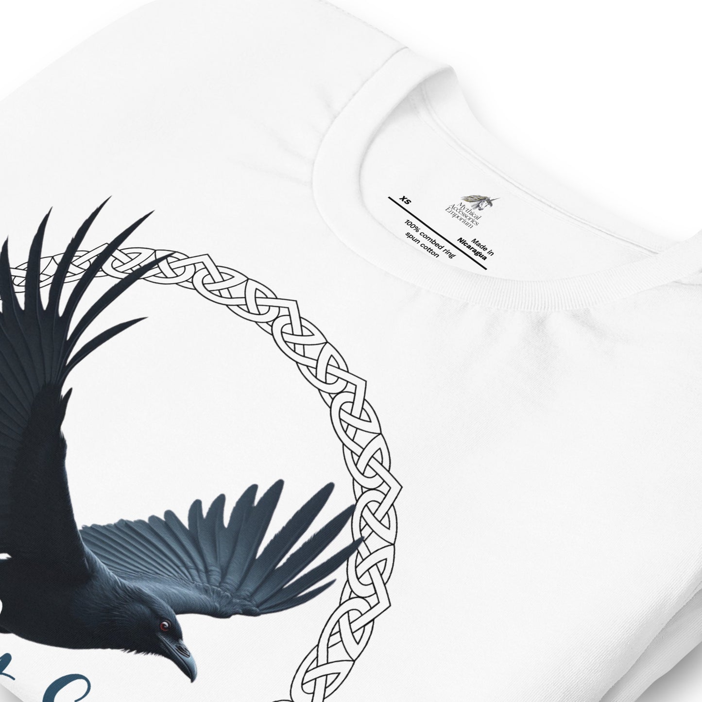 My Spirit Animal Raven Crow Men's Graphic T-Shirt, Front folded View white Tee, Raven wings spread in a Celtic Knot circle above My Spirit Animal, Mythical Accessories Emporium