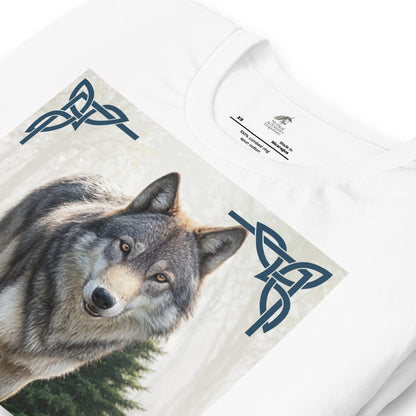 Wolf My Spirit Animal men's T-Shirt. Flat front view in white. A grey wolf gazes at you from the forest bordered in Celtic knots. Timber Wolf Graphic Tee Shamanic Totem Animal, Mythical Accessories Emporium.