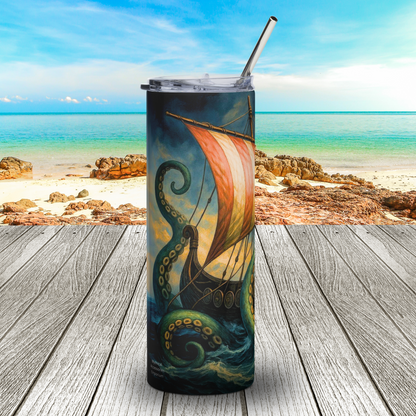 Insulated stainless steel tumbler with push on lid and metal straw. The left side of the Viking Longship has a green tentacle curled away from the ship as it comes out of the sea. Behind the ship another tentacle rises  above the ship. Storm tossed ocean and cloud filled skies are visible behind the left side of the red and white striped sail. Cryptid Cthulhu Ship